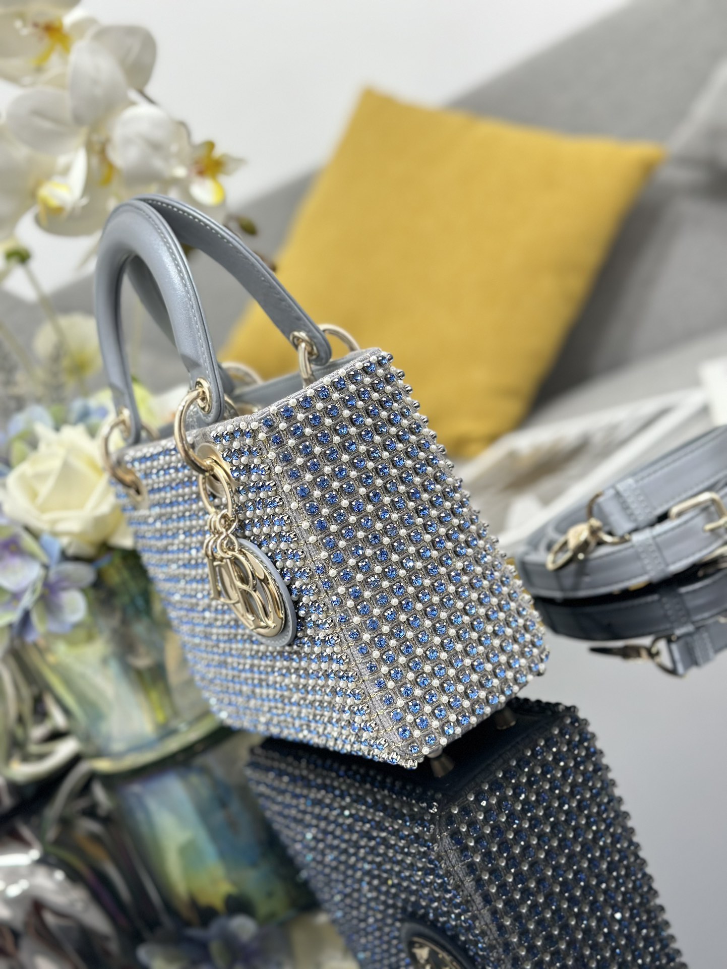 Small Lady Dior Bag Gray Satin Embroidered with Blue Diamond